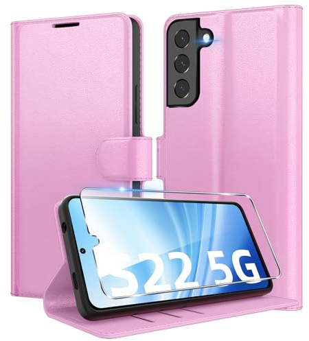 Eirltiy Cover per Samsung Galaxy S22 5G Portafoglio Pelle PU Premium, Custodia Scomparti Carte Antiurto Protettiva Case con 1 Vetro Temperato, Rosa