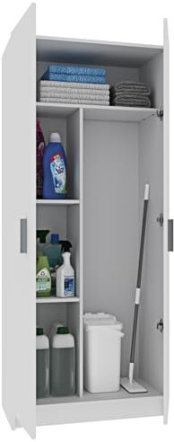 Bricozone Armadio Multiuso In Melaminico Bianco Opaco Con 2 Ante Maniglie Metalliche E Ripiani Interni Spazio Per Scope Asse Da Stiro Elettrodomestici Adatto Per Casa Garage Cucina Lavanderia