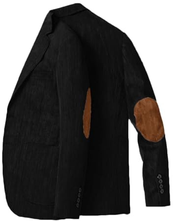 Stillluxury Corduroy Ellenbogen-Patch-Blazer-Jacke, schmal geschnitten, Herren-Vintage, einreihig, Sportsakko für Abschlussball und Hochzeit, Schwarz , M