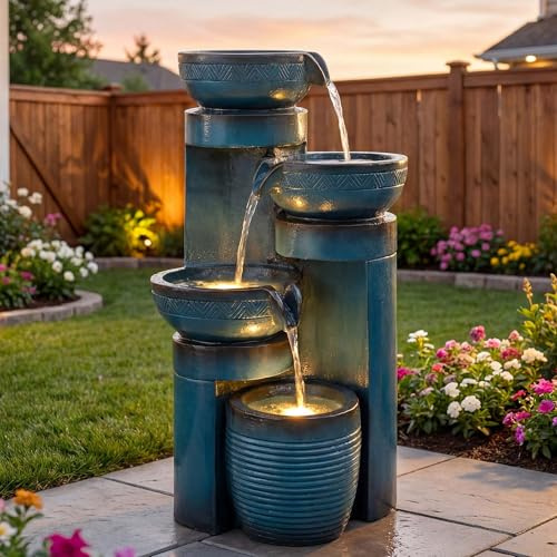 Autodaya 19.3 H Pedestal Outdoor Water Fountain with LED Lights and Pump, 4-Tier Cascading Water Feature, Tranuil Waterfall for Relaxing Garden, Patio, Yard, or Porch, Turquoise, Faux Ceramic Finish