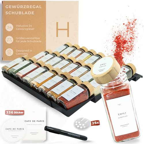 Havenhaus Gewürzgläser Set mit Regal | Gewürzregal Schublade inkl. 24 Gewürzgläser& 336 Gewürzetiketten | Gewürz Organizer Schublade verstellbar& passend für alle Schubladen | Gewürzeinsatz Schublade