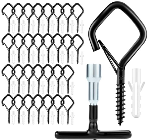 Zorplex Ganci a Vite Nero 30 Pezzi in Acciaio Inox, con Blocco di Sicurezza, Ganci a Q-Hanger Con, per Appendere Cestini di Piante, Casette per Uccelli, Catene Luminose, Campanello Eolico