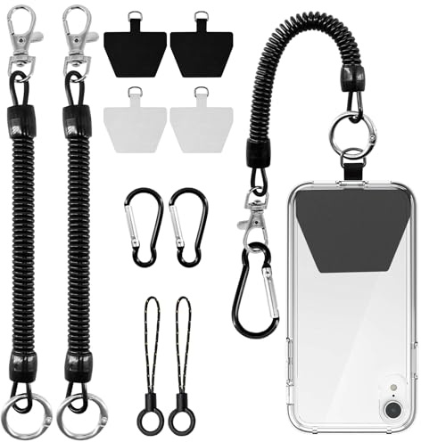 BORISCA 2 Stück Handyband mit Flexiblem Spiralkabel, Federkordelbändern Einziehbar Handy Diebstahlschutz Kette, Universal mit 4 Handy-Abstandshaltern, 2 Tragebänder und 2 Karabinern