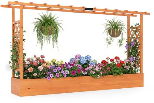 HOMASIS Blumenkasten mit 2 Rankgitter & Dachregal, Hochbeet mit Spalier, Holz Pflanzkasten für Kletterpflanz, Pflanzkübel Pflanzgefäß Rankhilfe für Garten Balkon Terrasse (Orange, 220x35x114cm)