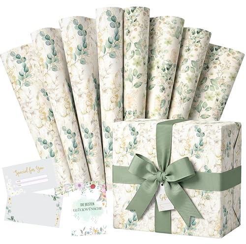 Geschenkpapier Set 8 Bögen (90x65 cm) + 10 Karten – knickfrei gerollt – Eukalyptus Naturdesign Goldfarben – elegantes Geschenkpapier für Geburtstag & Hochzeit