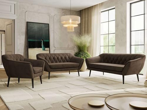 MKS MEBLE Sofagarnitur PIRS 3 + 2 + 1 - Couchgarnitur im skandinavischen Design, Gesteppte Polsterung, Wellenfederung, Wohnzimmer Sofa Set - Schwarze Beine, Braun Velvet