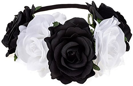 DreamLily Women's Hawaiian Stretch Rose Flower Headband Floral Crown for Garland Party BC12 (Black White), Black White, One Size