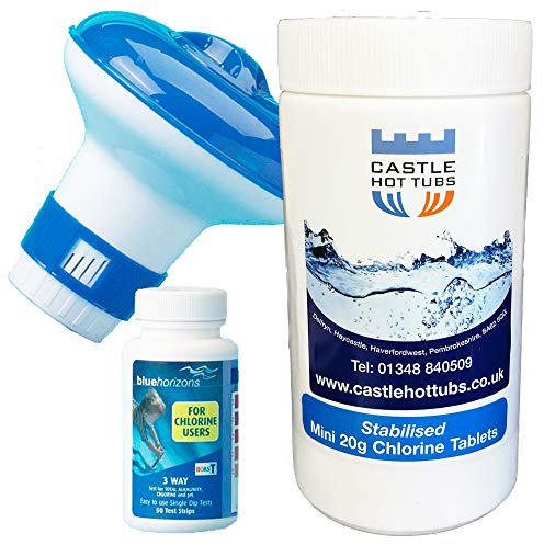 1kg Chlorine Tablets + 50 Test Strips + Dispenser Hot Tub Swimming Pool Starter Kit