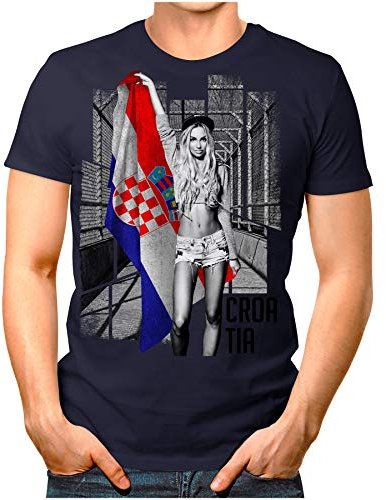 OM3® - Croatia-Soccer-Girl - Herren T-Shirt Fan Support Fußball Trikot Sexy Frau Kroatien Hrvatska Vintage Navy 4XL