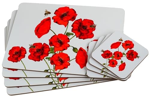 LP Lot de 4 Sets de Table et Dessous de Verre Motif Coquelicot