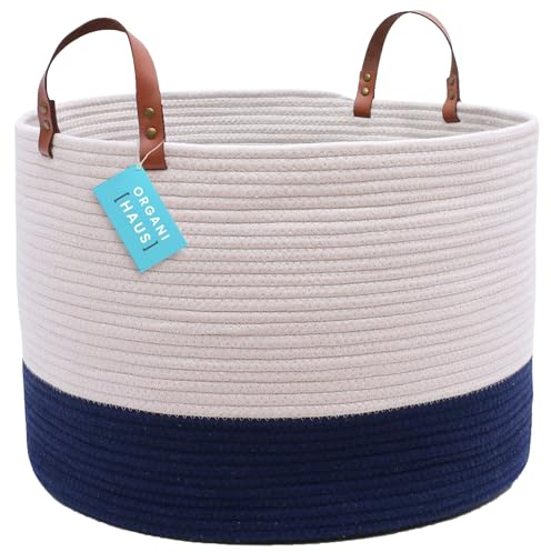 OrganiHaus XXL extragroßer Baumwoll-Seilkorb mit Griffen aus echtem Leder, Breite 50x33 cm gewebter Decken-Aufbewahrungskorb dekorativer Bodenkorb für Wohnzimmer, Off-Weiß/Marineblau