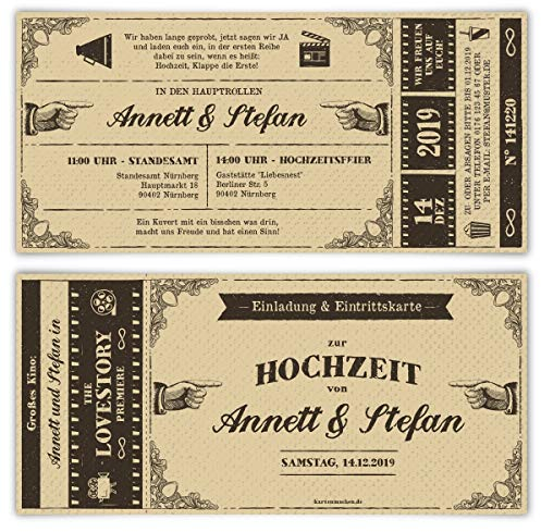 Kartenmachen.de 10 x Individuelle Hochzeitseinladungen Hochzeit EInladungskarten mit Abriss DIN Lang - Vintage Kinoticket