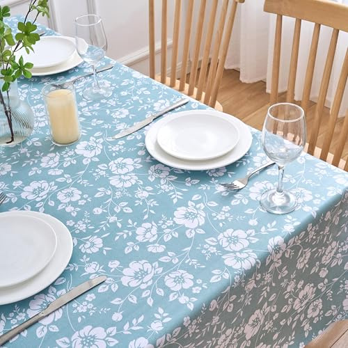 Dehaus® Floral Bloom Wipe Clean PVC Table Cloth - Duck Egg, 140 × 140 cm | Oilcloth Tablecloth, Waterproof, Indoor & Outdoor, Wipeable, Garden Table Cover, Table Protector, Plastic Vinyl, Square