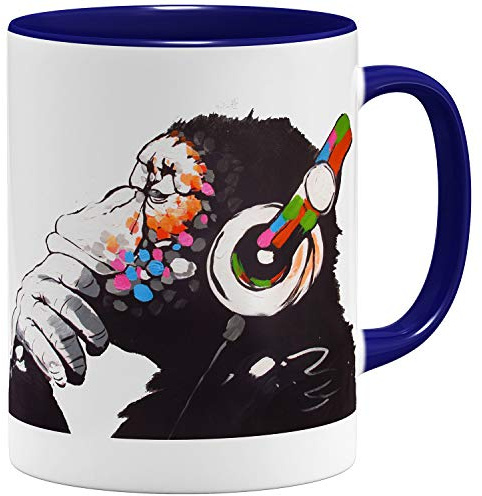 OM3® Monkey Ape Affee Music Banksy Tasse - Keramik Becher - 11oz 325ml - Beidseitig Bedruckt - Dunkelblau