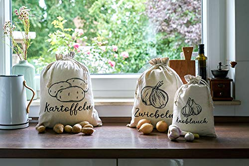 | 3er-Set, Gemüsebeutel aus Leinen-Stoff, zertifiziert, zur Aufbewahrung, je 1x mit Aufdruck für Kartoffel, Zwiebel, Knoblauch