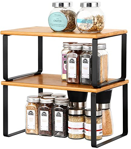 UOMIO Kitchen Cabinet Organiser Set of 2 Bamboo Kitchen Storage Shelves for Cupboard Countertop Spice Rack Expandable and Stackable with Black Metal Frame 2 Packs