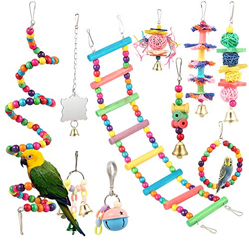 Vogelkäfige Zubehör,10 Stück bunte Vogel Barsch Stand Plattform, Holzleitern Hängematte, Papagei Spielzeug mit Glocken für kleine mittlere Papageien Nymphensittiche, Wellensittich und schöne Vögel