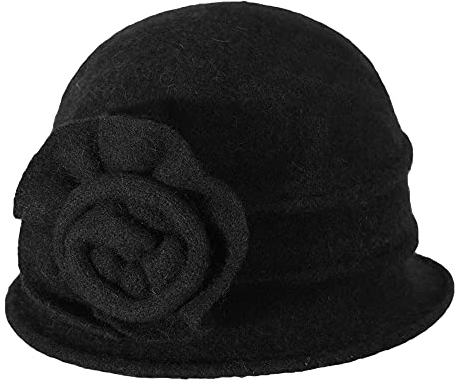 ZLYC Damen Winter Wolle Fischerhüte Blumen 1920s Vintage Bowler Hut (Blumen Schwarz),Einheitsgröße