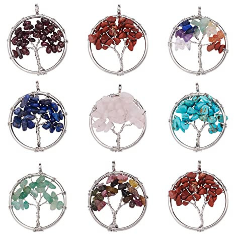 PandaHall - Ciondolo a forma di albero della vita con pietre preziose chakra, con cristallo, Pietra mista naturale e sintetica,