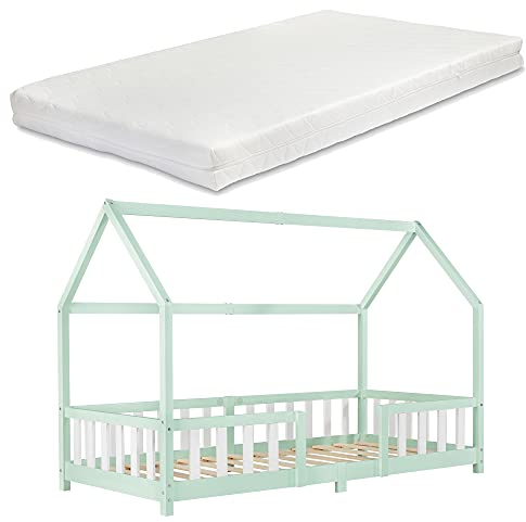 [en.casa] Kinderbett Sisimiut mit Matratze 90 x 200 cm Hausbett Montessori mit Rausfallschutz Holzbett für Kinder Bodenbett Lattenrost Kiefernholz Mintgrün/Weiß