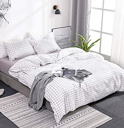 Michorinee Black and White Grid Single Duvet Cover Set Breathable Microfiber Check Plaid White Bedding Set Zipper Closure 2 Pcs (1 Duvet Cover 135x200 cm + 1 Pillowcase 50x75 cm)