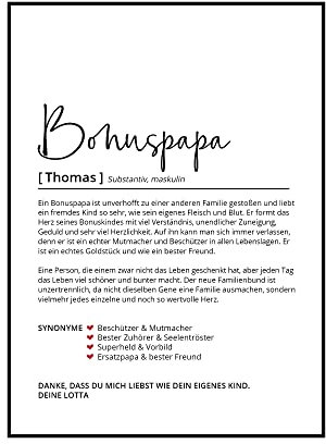 Bonuspapa Definition, Personalisiertes Poster, Geschenk Stiefvater Bonus-Papa Ersatz-Papa Geburtstag Weihnachten, Danke sagen, Wörterbuch