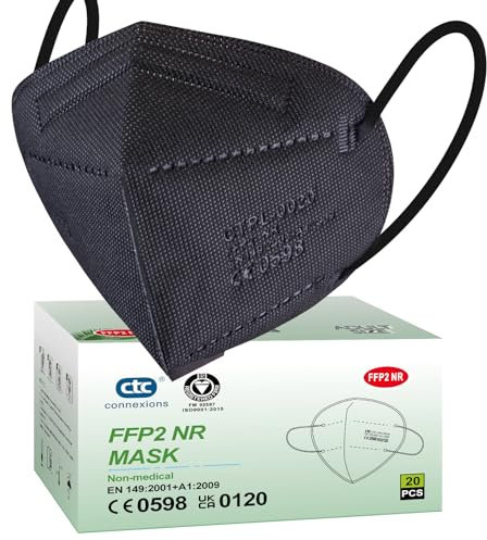 ctc connexions FFP2 Mask Black 20 Pack 5 Layers Protective Face Masks CE0598 Certification Filtration System ≥ 95% Disposable KN95 Masks Individually Packaged…