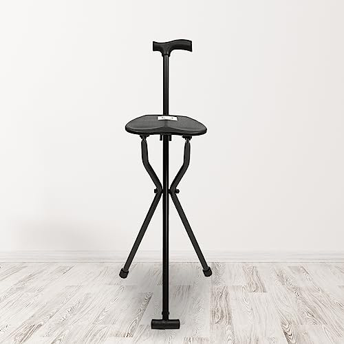 KenSyuInt Foldable Stool Folding Cane Chair Walking Stick with Seat Travel Hiking Chair Stool Tripod Elderly Aid Portable Chair for Camping Garden Caravan Trips Fishing Beach BBQ