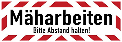 Aufkleber Warn Hinweis Mäharbeiten Bitte Abstand halten! Warnung Schild Folie selbstklebend | Größen wählbar Made in Germany, Größe: 67,5x22,5 cm