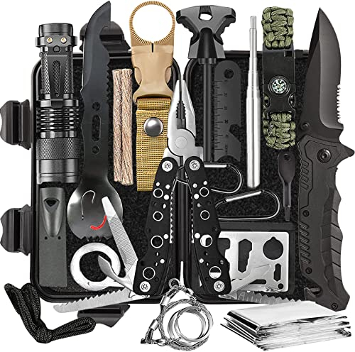 Graxury 14 in 1 Survival Kit Mehrzweck-Survival-Kit, Erste-Hilfe-Set für Outdoor-Sport, Camping, Bergsteigen, Feuerstein/Thermodecke/Pfeife (Messer & Zange)