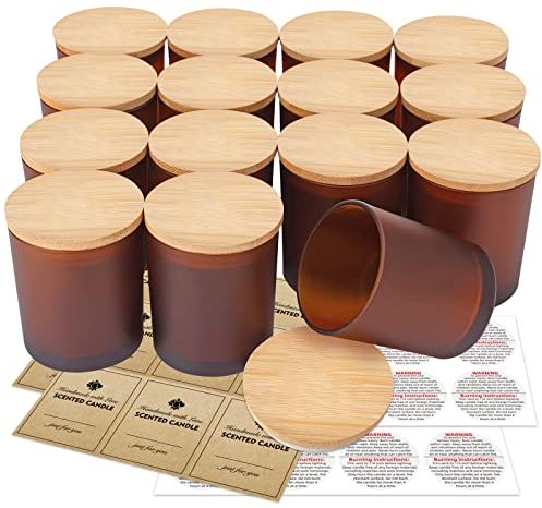 SUPMIND Paquete de 15 tarros de vidrio para velas, tarros vacíos de 7 onzas con tapas de bambú y etiquetas adhesivas, tarros de vela marrón mate a granel para hacer recipientes de velas, aptos para