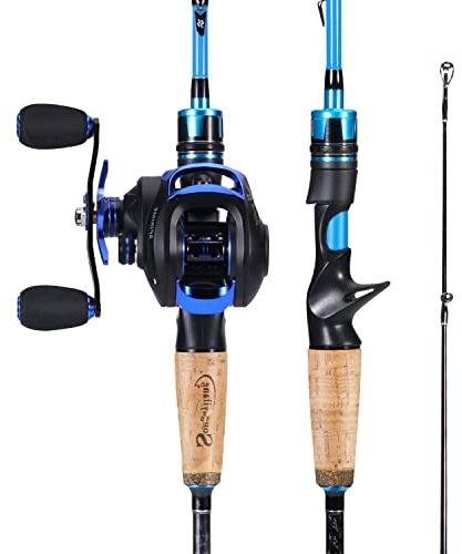 Sougayilang Angelruten- und Rollen-Kombination, mittelschwere Angelrute mit Baitcastrolle, 2-teilige Baitcast-Kombination, blau, 1,8 m und linker Griff
