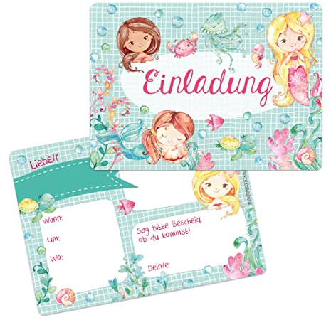 Papierdrachen 12 Einladungskarten zum Geburtstag für Kinder - Motiv Meerjungfrau - Geburtstagseinladungen für deine Geburtstagsparty (DIN A6 mit abgerundeten Ecken)