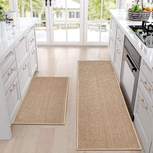 Artnice Kitchen Rug Mat Sets Non Slip Washable, Absorbent Floor Mats for Kitchen, Runner Rugs Set for Kitchen, Hallway, Dining Room, 44x77cm+44x120cm, Beige