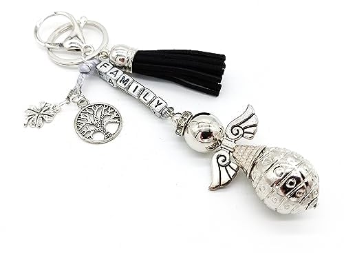 AB Viking Crafts Pendentif ange gardien pour sac à dos, sac, voiture, clés avec arbre de vie, trèfle et gravure Family | Bonheur, amour, force, famille, argenté, 15 cm lang