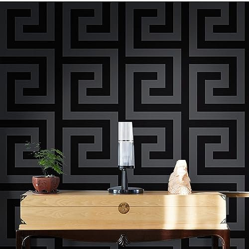 DLUCCA Wallpaper Geometric Wall Papers Black Grey Luxury Satin Effect Large Greek Key Wallpaper Living Room Background Decor(0.53 * 10M) (Color : A)
