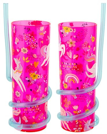 FabFinds Kids Drinks Cup with Curly Straw Reusable Drinks Cup 2 Pack (Hot Pink Ubicorn)