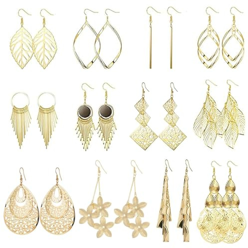 JENCVNL 12 Paar Gold Hängende Ohrringe Set für Damen Mädchen Boho Tropfen Ohrringe Blatt Diamant Blume Lange Bar Quaste Ohrhänger