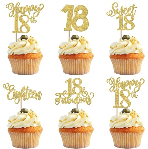 SYKYCTCY 30 Pack Happy 18th Birthday Cupcake Toppers Glitter Sweet 18 Eighteen Cupcake Picks Happy 18 Birthday 18 Years Old Cupcake Decorations Anniversary Party Supplies Gold