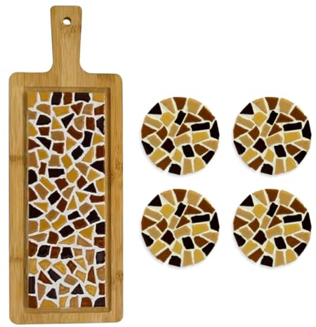 Little Creations - DIY Mosaik Bastelset Erwachsene Beige | 1x Servierplatte & 4x Untersetzter | Komplettes Set aus Mosaiksteinen und Holz | Selbst gestalten und basteln