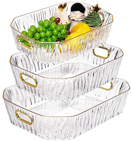 Acshio 3 Pack Clear Serving Tray, Deep Fruit Snack Platter with Handle Gold Rim, Decorative Makeup Organizer Glass Cup Holder for Pantry, Party Food Display, Bathroom