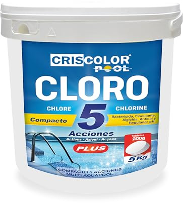 Cloro 5 Acciones Plus | Pastillas de Cloro Multifunción de 200 gr, Disolución Lenta | Biocida Especial Multiacción, Floculante, Alguicida, Bactericida, Antical y Regulador PH (5 KG)