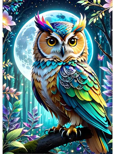 QINRUBB 5D Hibou Peinture Diamant Painting Kit, DIY Nuit de Lune Art du Diamant Complet Kits, Pays des Rêves Diamond Art Strass Point de Croix Painting pour Adultes Débutants Maison Décor 30X40cm