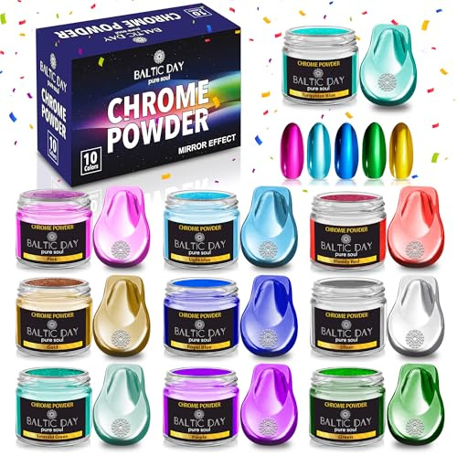 BALTIC DAY - Polvo cromado de 10 x 2 g - Pigmento cromado con efecto espejo metálico para uñas - Pigmento holográfico para resina epoxi, vasos, manualidades, pintura al óleo, limo - mica metálica