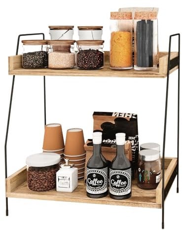 Trintion Coffee Station Organizer 2 Tier Coffee Bar Accessories Organiser Wooden Kitchen Counter Shelf Coffee Condiment Storage Standing Coffee Station and Organiser Coffee Caddy (Brown)