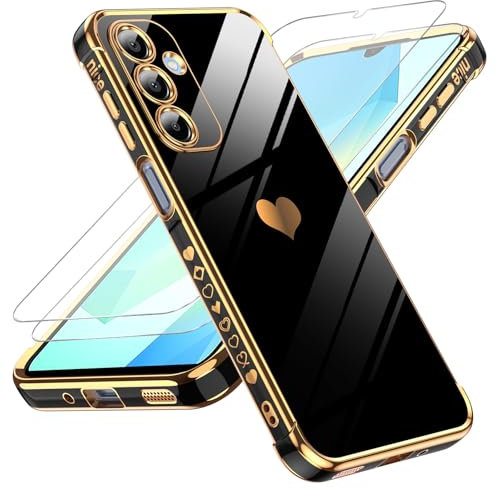 LeYi Handyhülle für Samsung Galaxy A16 5G Hülle mit 2*Schutzfolie, Cute Herz Muster TPU Silikon Galvanik Stoßfest Schutzhülle Cover Case, Kameraschutz Kratzfest für Samsung A 16 4G/5G Schwarz