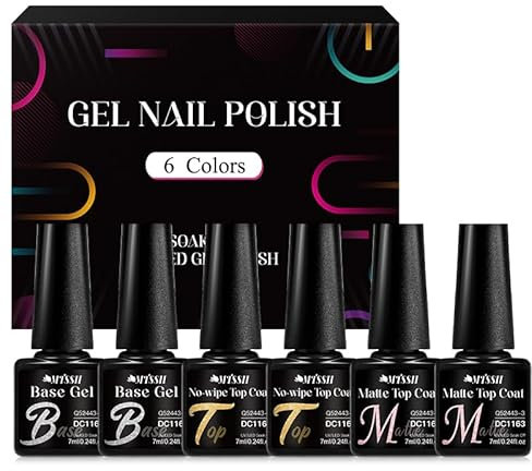 MTSSII 6PCS Base Gel Top Coat UV Nagellack Set, Base Coat Top Coat Matte Top Coat und No Wipe Top Coat, Soak-Off UV/LED Nagellack Gel Geschenk für Nagelstudio DIY Home 7ml