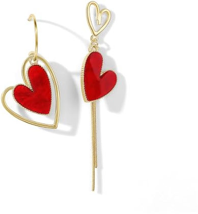 Orecchini Pendenti a Cuore Rosso Asimmetrici, Pendenti per San Valentino e Anniversario - Regalo per Donne e Ragazze