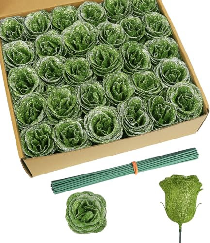 30PCS Artificial Glitter Roses Bouquet Green Flowers Fake Sparkling Roses for Wedding Party Christmas Home Decor(Green with Silver Glitter)