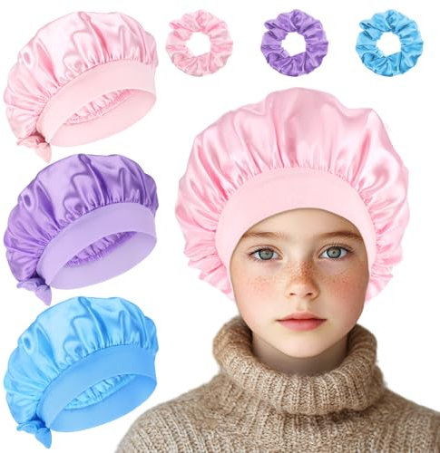 Giantree 3 Stück Satin Haarhaube, Schlafhaube Haare Schützen mit 3 Stück Satin Haargummis, Seidenhaube Zum Schlafen Verstellbare Silk Bonnet Schlafhaube Sleeping Cap mit Gummizug für Damen Mädchen
